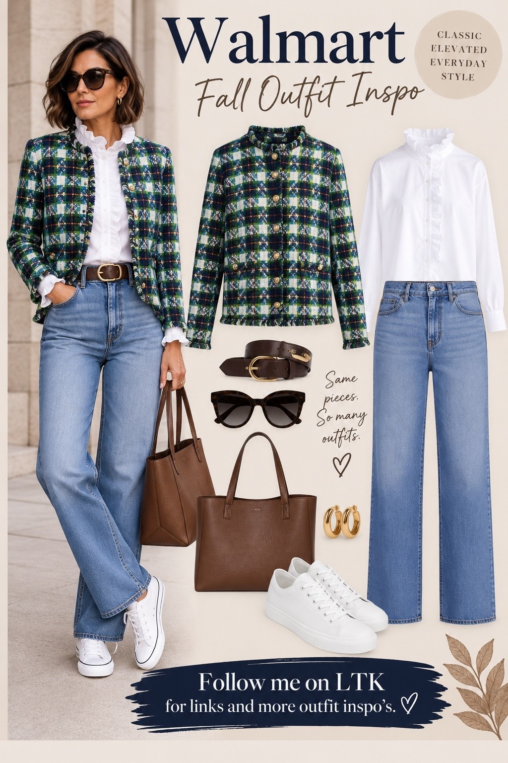 This jacket does all the talking. The rich plaid, crisp ruffle blouse and relaxed denim make an everyday jeans-and-sneakers outfit feel instantly more pulled together. Add a great belt, structured tote and gold details and you’re done—classic, comfortable, and just interesting enough for fall. #WalmartFashion #WalmartFinds #FallOutfitInspo #FallStyle #Over40Style #Over50Style #ClassicStyle #EverydayStyle #AffordableFashion #LTKStyle

#LTKootd #LTKOver40 #LTKMidsize
