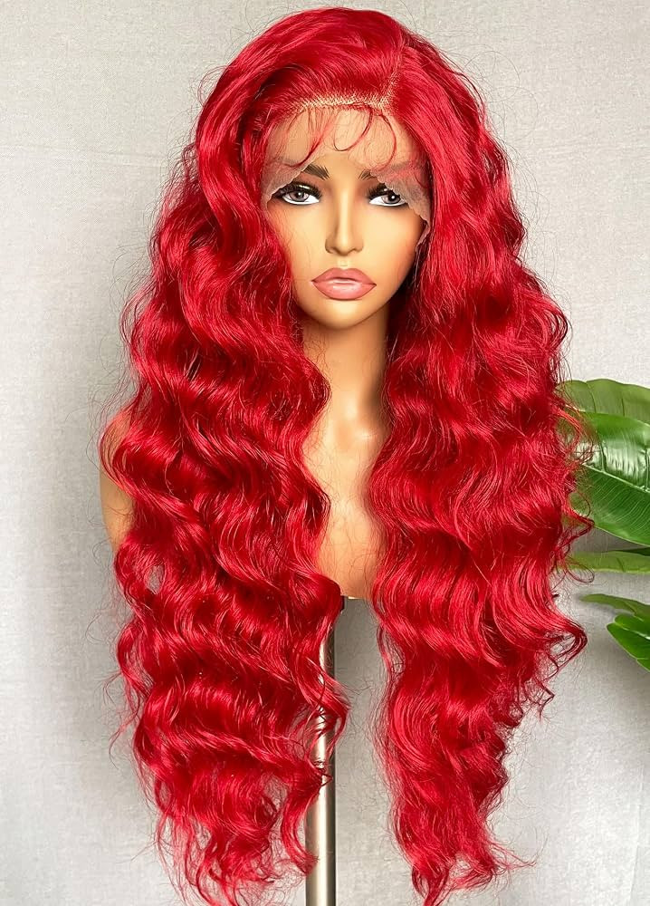 SOKU Red 13x6 Lace Frontal Wig 32 Inch Long Body Wave Pre Plucked with Baby Hair Glueless Transpa... | Amazon (US)
