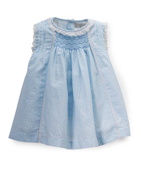 Blue Seersucker Smocked Sleeveless Dress - Infant | Zulily