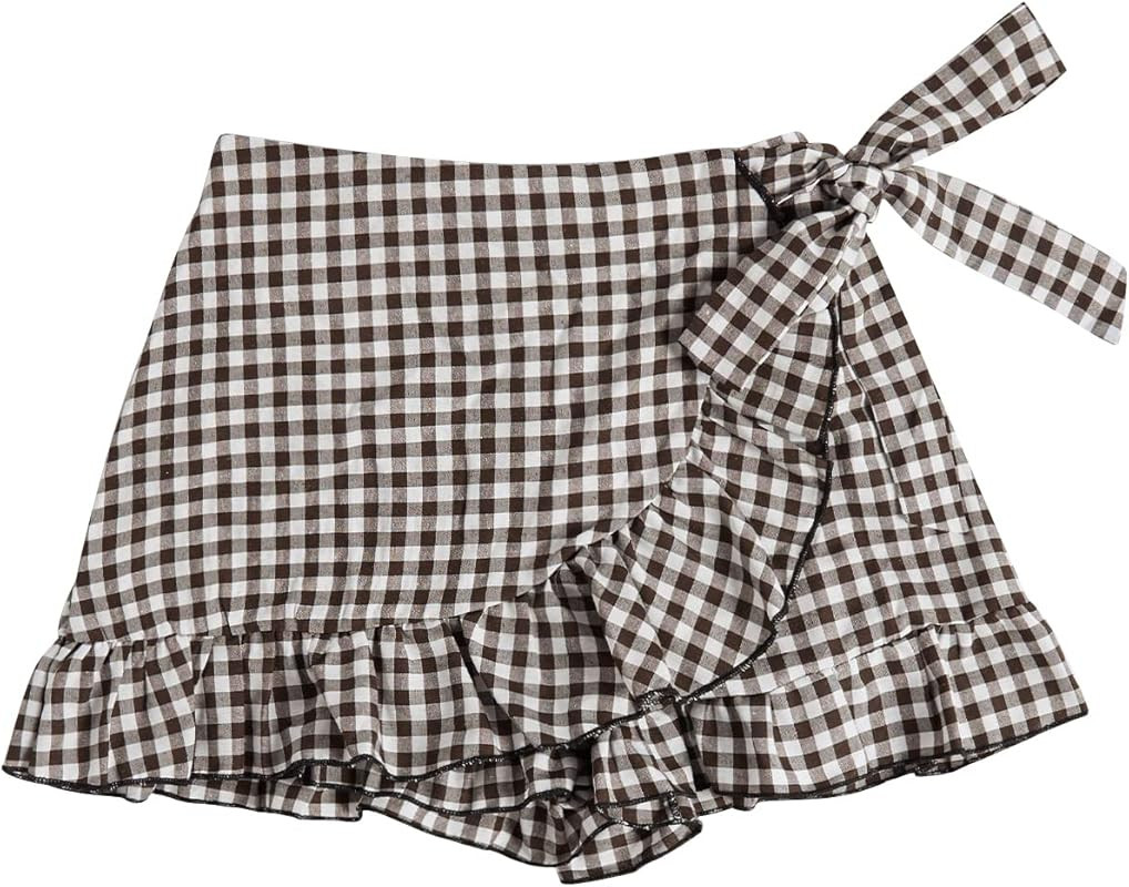 SheIn Women's Gingham Ruffle Skort Wrap Tie Side Elastic Mini Skirt Shorts | Amazon (US)