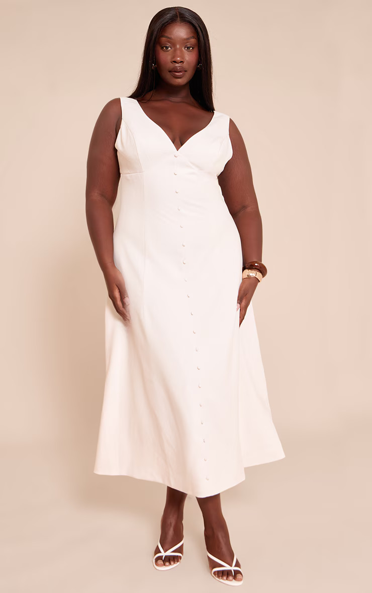 Plus Cream Tailored Woven Plunge Down Midi Dress | Plus Size | PrettyLittleThing US
