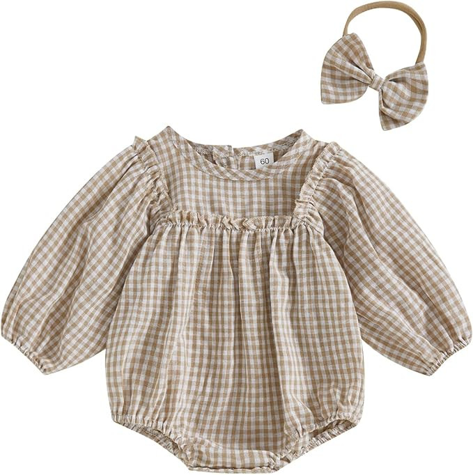 Infant Baby Girl Bubble Romper Boho Clothes Long Sleeve Cotton Smocked Jumpsuit Outfit with Headb... | Amazon (US)