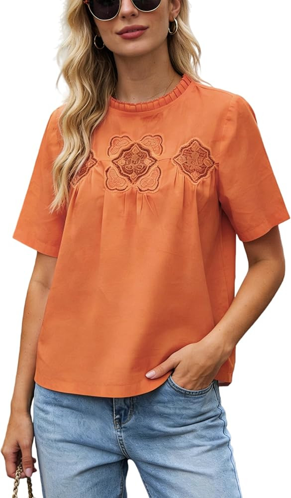 Women's Cotton Lace Flared Blouse Short Sleeve Crew Neck Babydoll Top Mesh Swing Tshirts with Del... | Amazon (US)