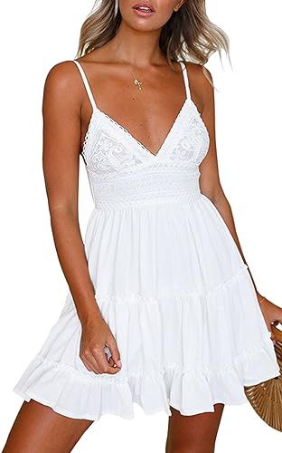 ECOWISH Womens V-Neck Spaghetti Strap Bowknot Backless Sleeveless Lace Mini Swing Skater Dress | Amazon (US)