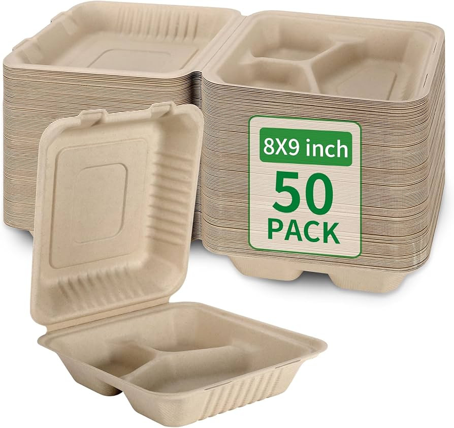 Aricsen 50 Pack 3 Compartment Compostable 8x9 Inch Takeout Lunch Box Containers with Lid To Go Ta... | Amazon (US)