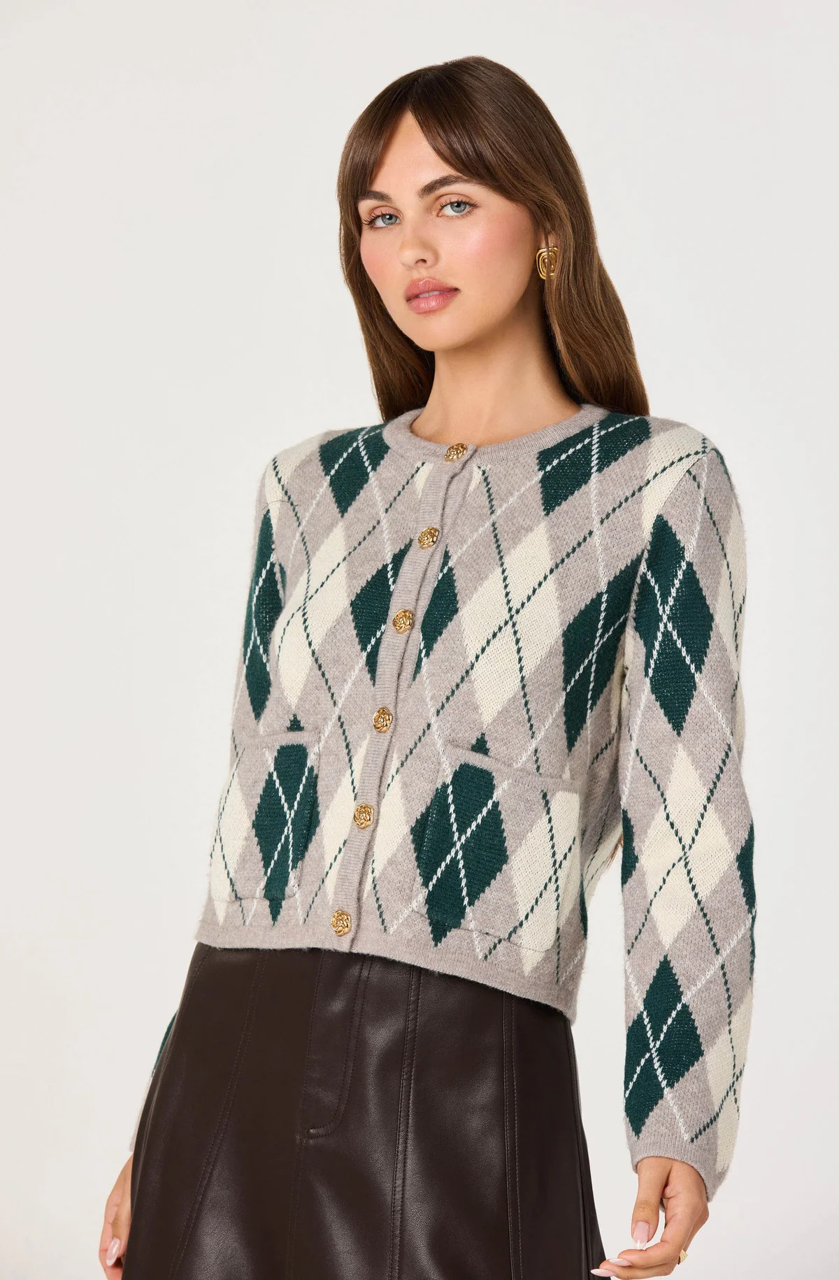 Argyle Long Sleeve Cardigan - Grey green / XS | ASTR The Label (US)