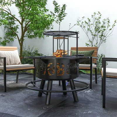 Outsunny 2-In-1 Fire Pit, BBQ Grill, 33" Portable Wood Burning Firepit With Adjustable Cooking Grate, Pan And Poker, Camping Bonfire Stove For Backyar | Wayfair North America