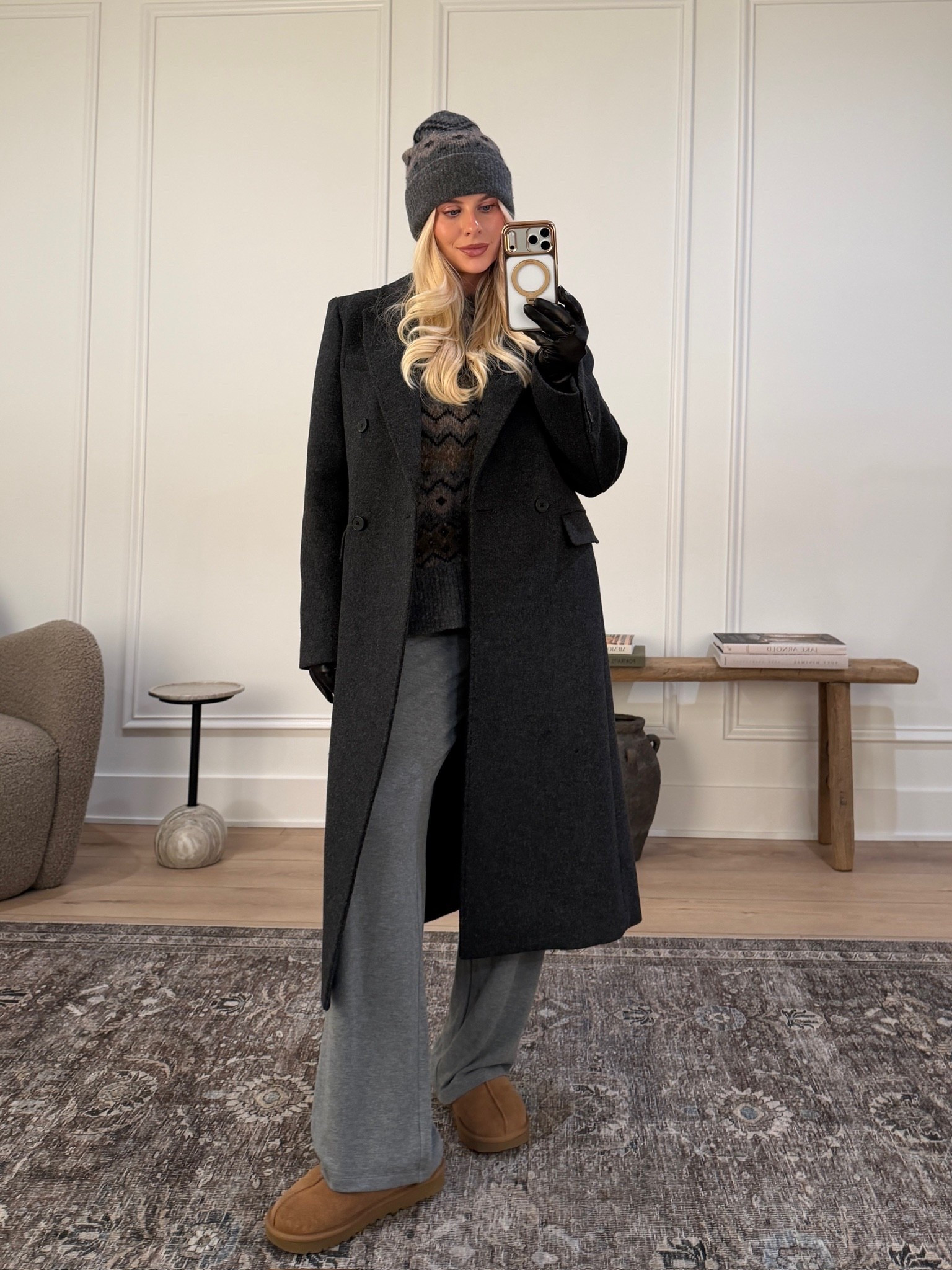 Wearing a medium in sweater (Dark H Grey/ Multi), medium in coat (Heather Charcoal), small in pants (Heather Dark Grey), beanie is color Dark H Grey/ Multi, shoes are tts! #kathleenpost

Holiday comfy chic, Christmas brunch, Christmas morning lounge