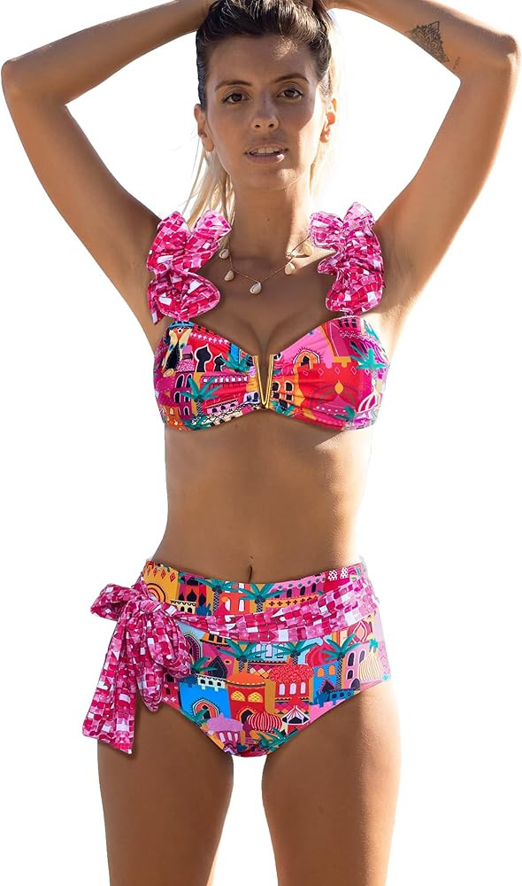 SPORLIKE Women High Waisted Swimsuit Flounce Straps Bikini Bathing Suit | Amazon (US)