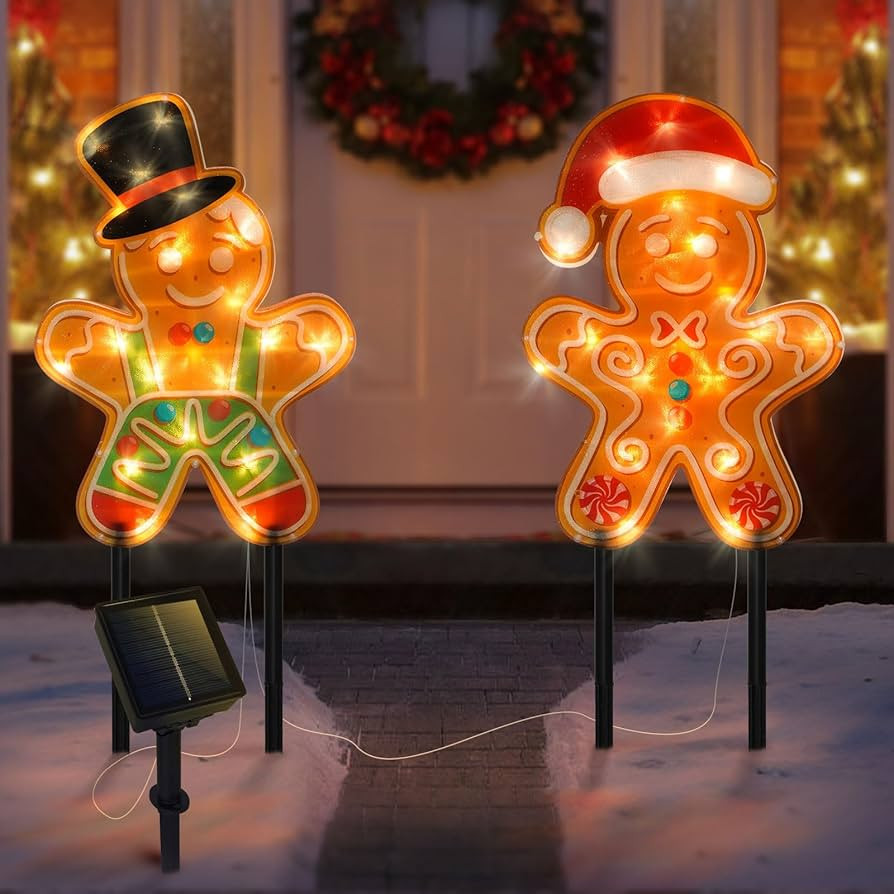 2 PCS Gingerbread Man Solar Christmas Decorations Outdoor, 8 Modes Solar Pathway Stakes Lights, O... | Amazon (US)
