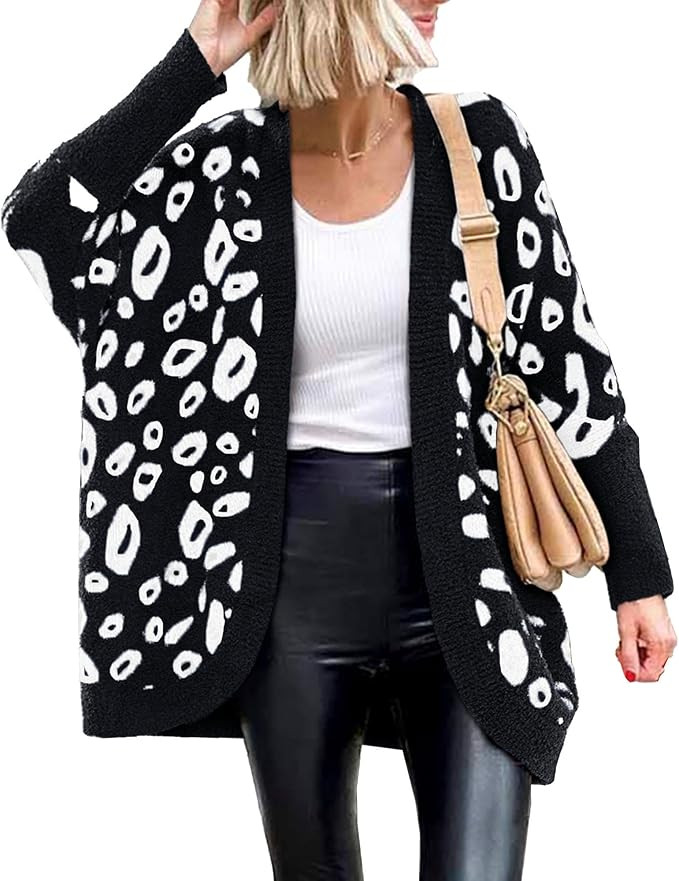 BTFBM Women Fashion Leopard Print Long Sleeve Sweater Cardigan Loose Knit Open Front Fall Winter ... | Amazon (US)