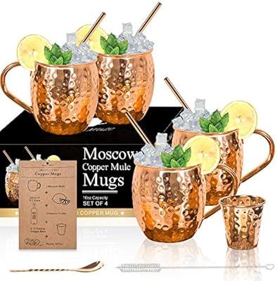 Moscow Mule Copper Mugs - Set of 4-100% HANDCRAFTED Pure Solid Copper Mugs, Gift set with 4 Coppe... | Amazon (US)