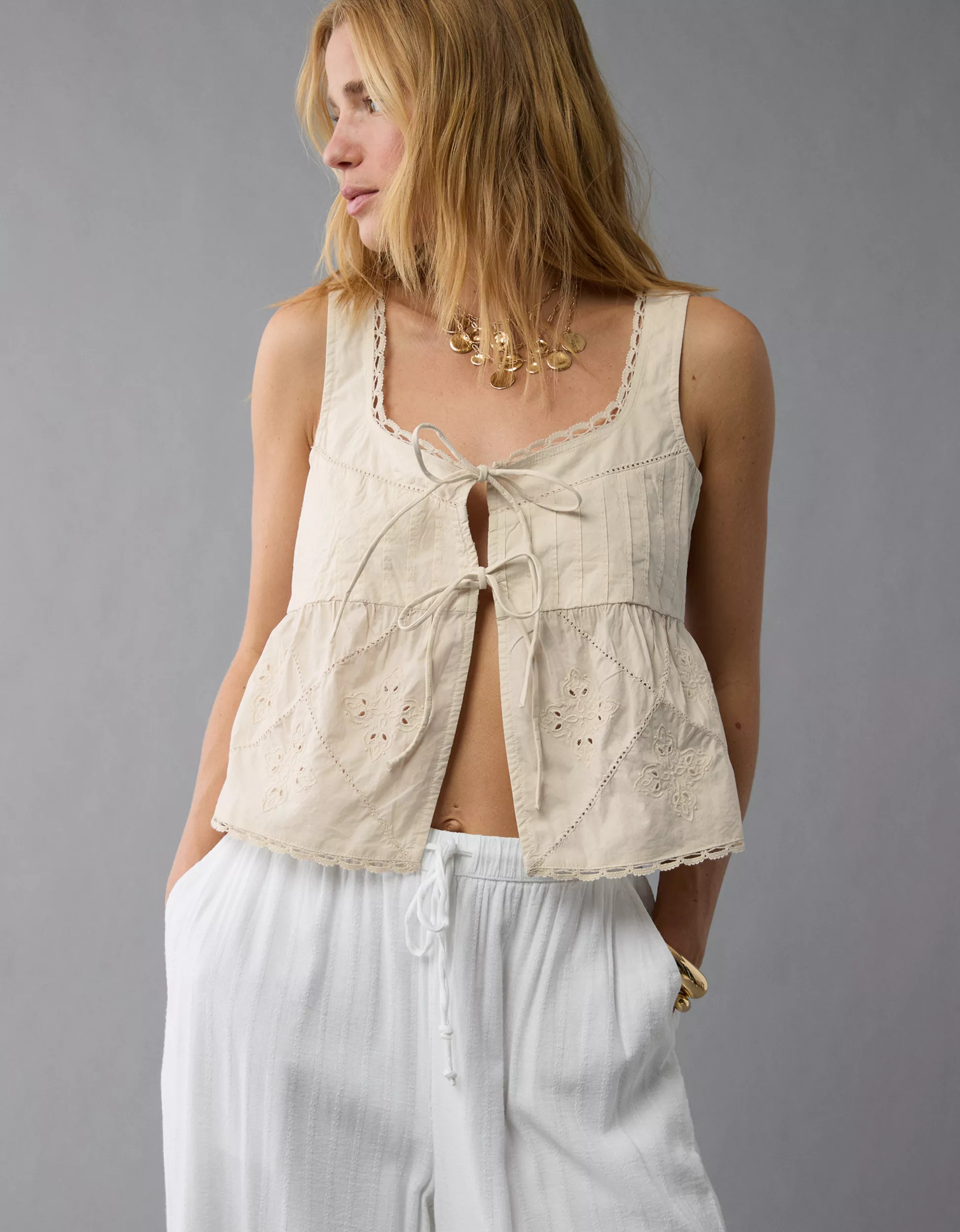 AE Tie Front Scoop Neck Flyaway Tank Top | American Eagle Outfitters (US & CA)
