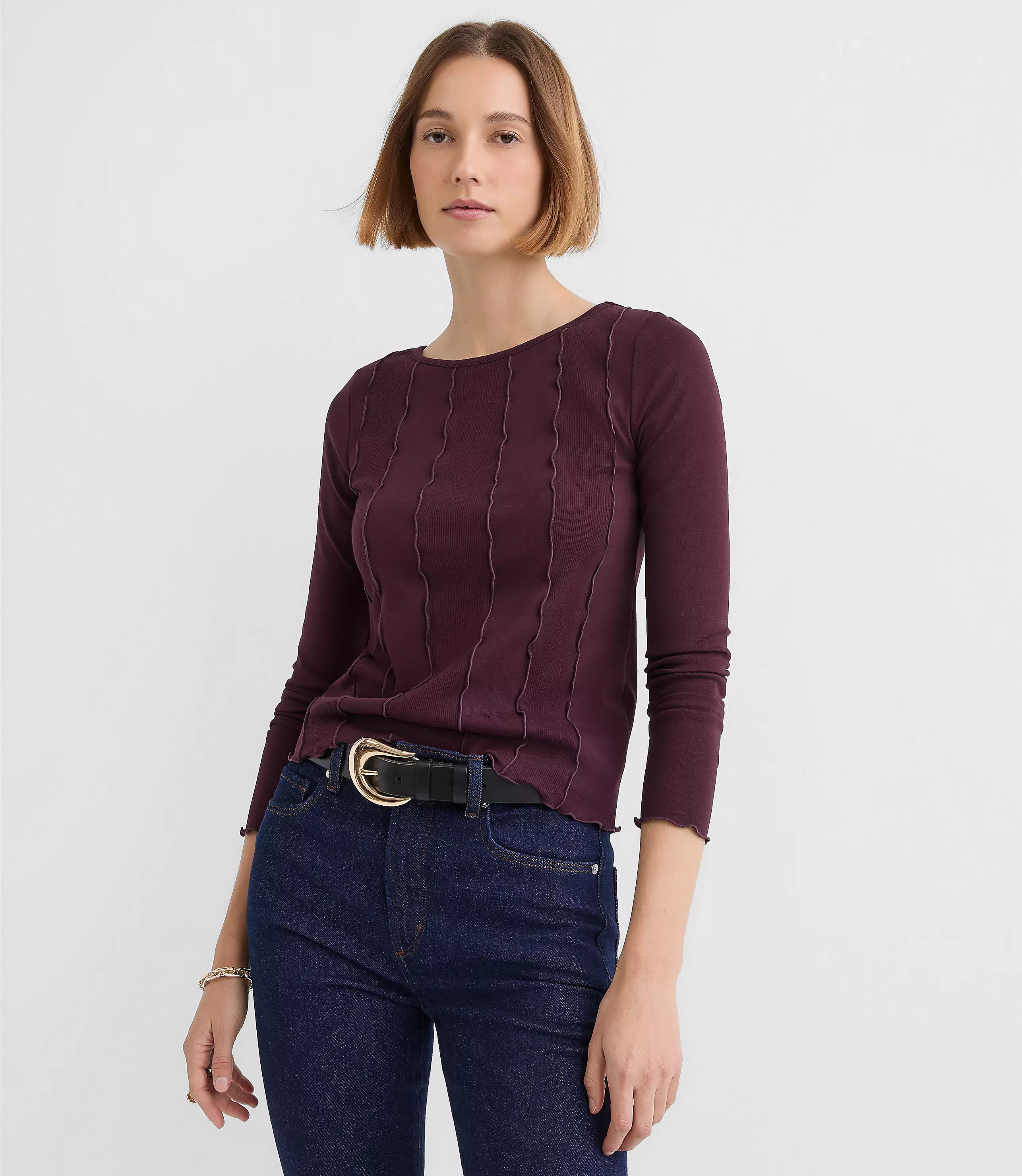 Ruffle Trimmed Ribbed Tee | LOFT