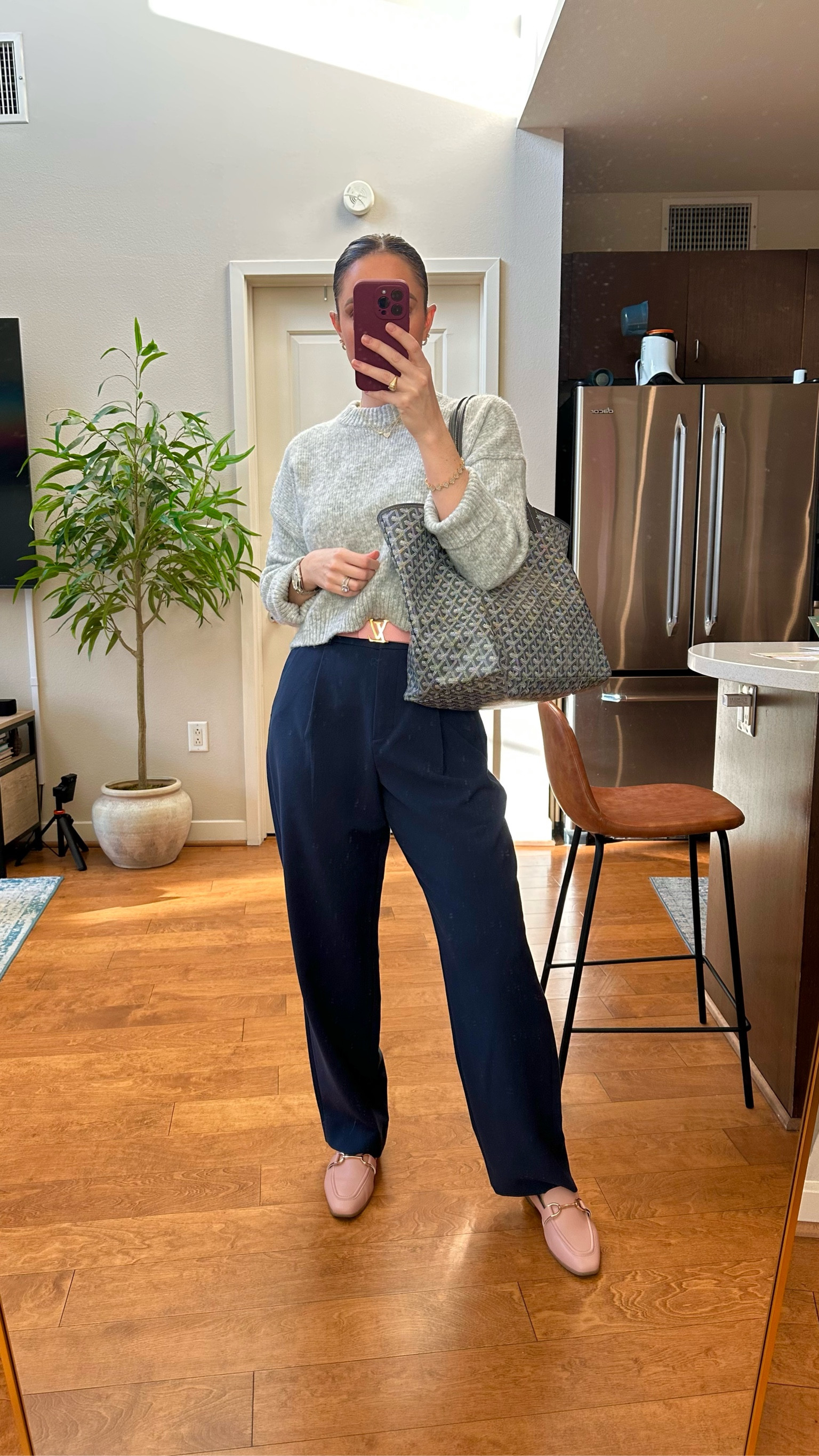 Grey sweater S
Blue pleated dress pants 27R
Pink loafers 7.5
Designer belt 
Goyard tote 

#LTKStyleTip #LTKItBag #LTKWorkwear