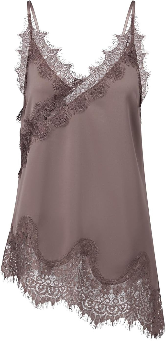 Satin Lace Trim Camisole Women Silk Strap Asymmetrical Vneck Long Tank Top | Satin Lace Top Adjus... | Amazon (US)