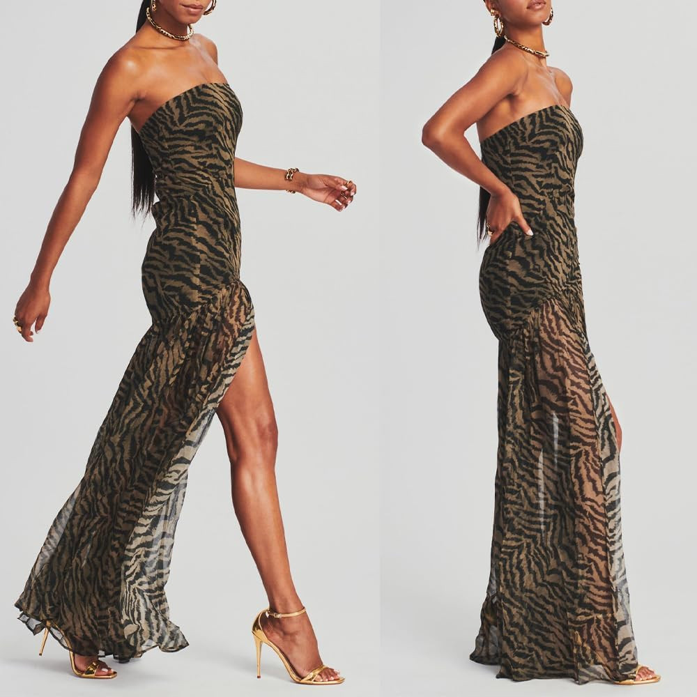 Women Tube Top Dress Tiger Stripe Mesh Patchwork Maxi Dress Strapless Sexy High Slit Long Dresses... | Amazon (US)