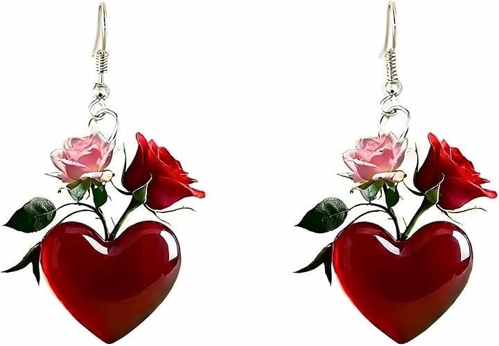 Valentine's Day Earrings for Women Red Heart Rose Flower Dangle Drop Earring Valentine's Day Jewe... | Amazon (US)