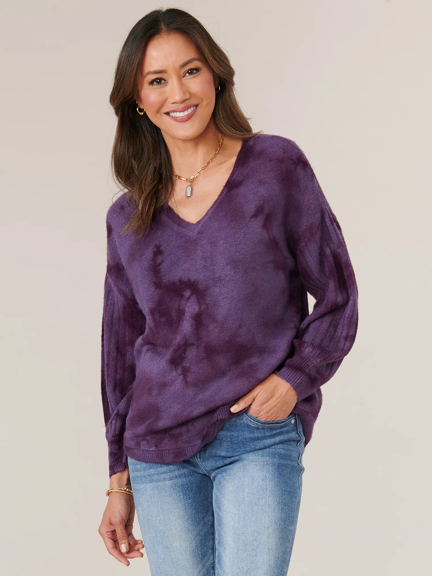 Long Blouson Sleeve V-Neck Tie Dye Rib Detail Sweater | Democracy Clothing