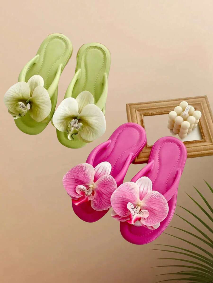 Summer Dopamine Fairy Wind Beach Sandals/Slippers, Faux Orchid Flower Thong Flip Flops, Vacation ... | SHEIN