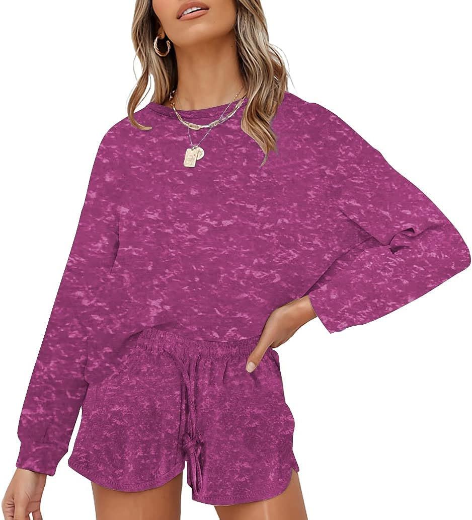 Paintcolors Women's 2 Piece Outfits 2023 Spring Long Sleeve Knit Pullover Shorts Nightwear Lounge... | Amazon (US)