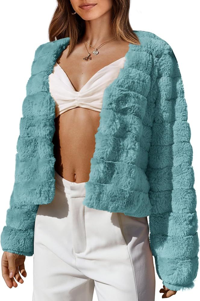 Women's Faux Fur Cropped Jacket 2023 Fall Winter Fashion Soft Long Sleeve Open Front Fluffy Short... | Amazon (US)