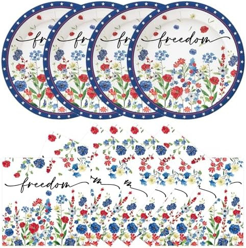 50Pcs 4th of July Flower Plates and Napkins Party Supplies, Disposable Patriotic Paper Plates Nap... | Amazon (US)