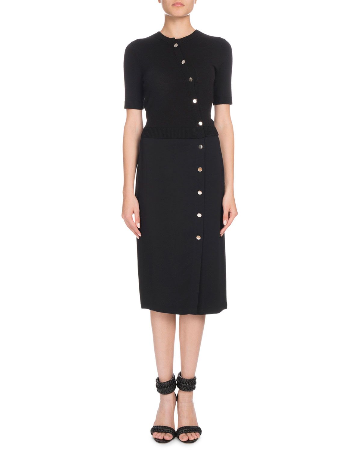 Short-Sleeve Button-Front Cady-Knit Top Fitted Midi Dress | Neiman Marcus
