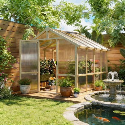 GDFStudio Flss Wooden Walk-In Greenhouse with Polycarbonate Panels, Brown | Target