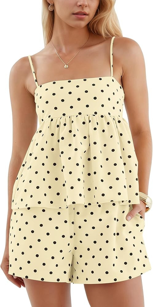 calbatic Polka Dot 2 Piece Sets for Women Summer Lounge Sleeveless Peplum Top Shorts Set Vacation Beach Matching Outfits | Amazon (US)