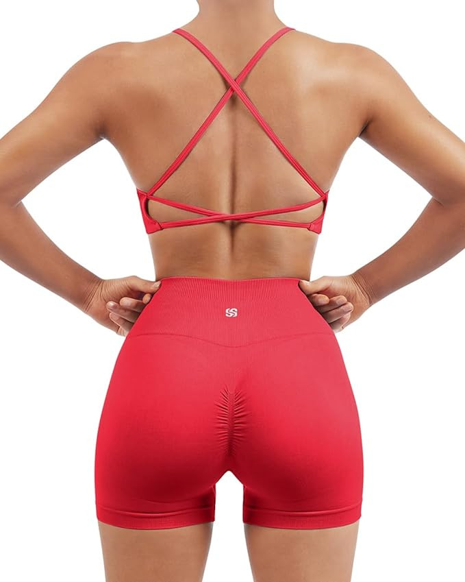 SUUKSESS Women Seamless Workout Sets Strappy Sports Bra High Waist Booty Shorts Outfits | Amazon (US)