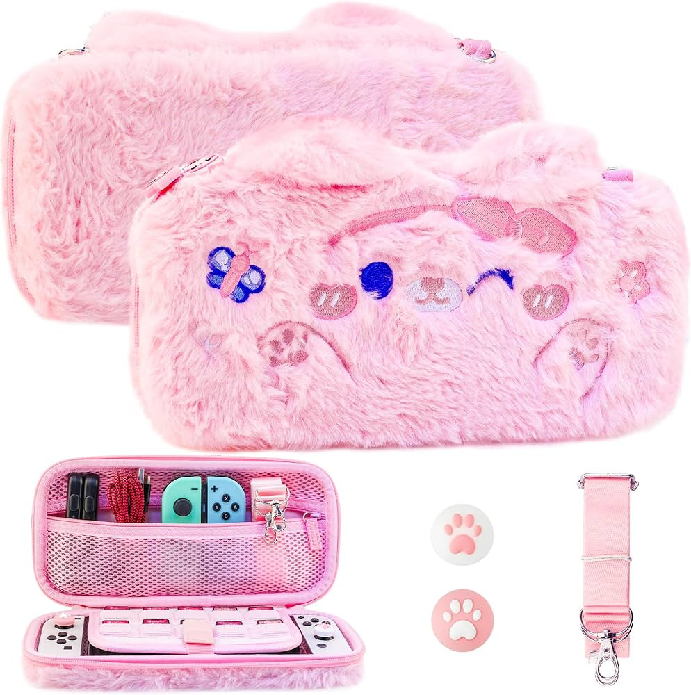 GLDRAM Pink Plush Carrying Case Compatible with Nintendo Switch & OLED, Cute Cartoon Cat Accessor... | Amazon (US)