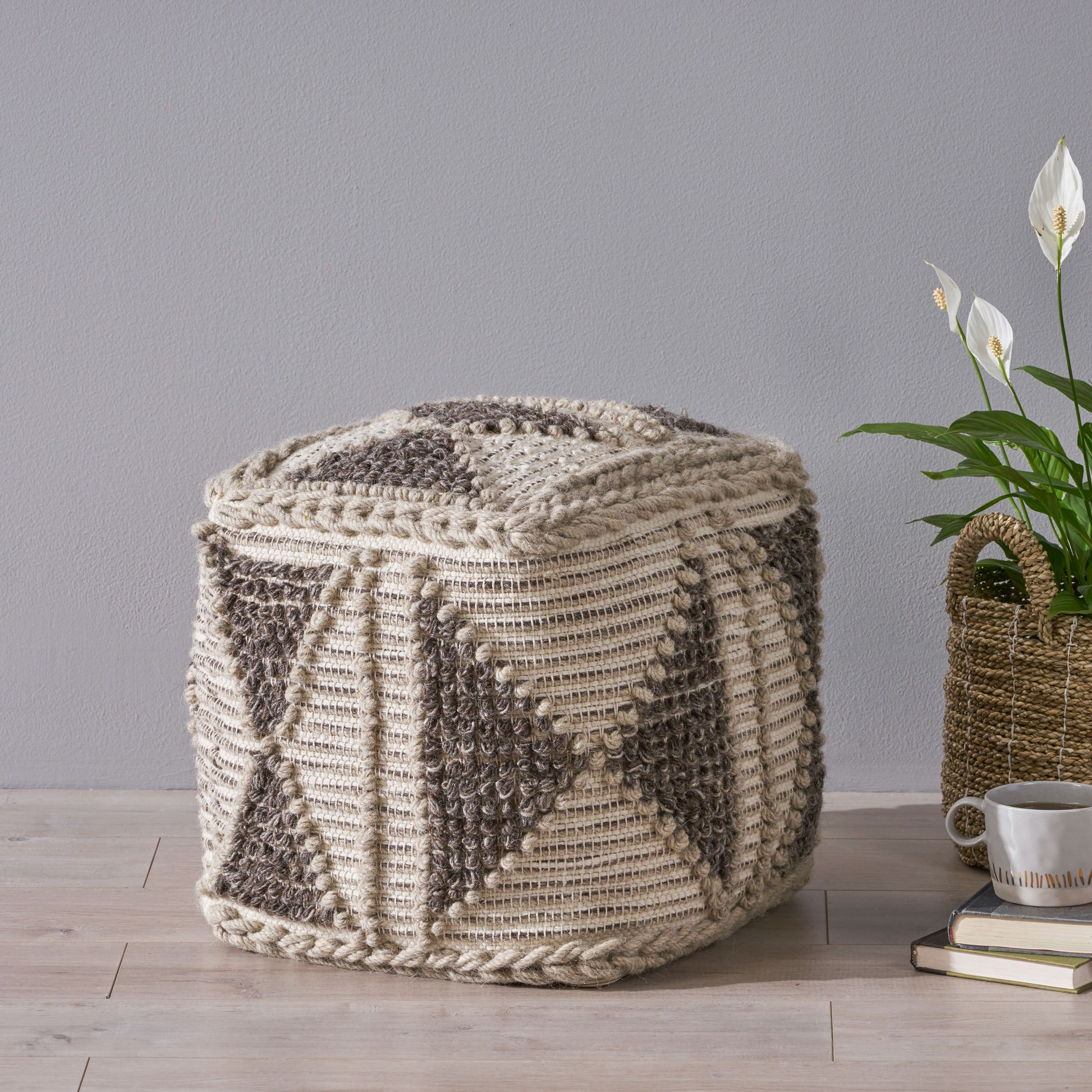 Noble House Raphael Boho Handcrafted Cube Pouf, Gray and Ivory | Walmart (US)