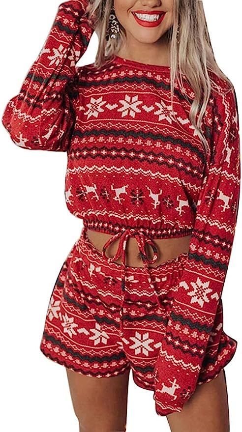 Artfish Women Fleece Pajama Set Christmas Snowflake Soft Lounge Sleepwear Pjs | Amazon (US)