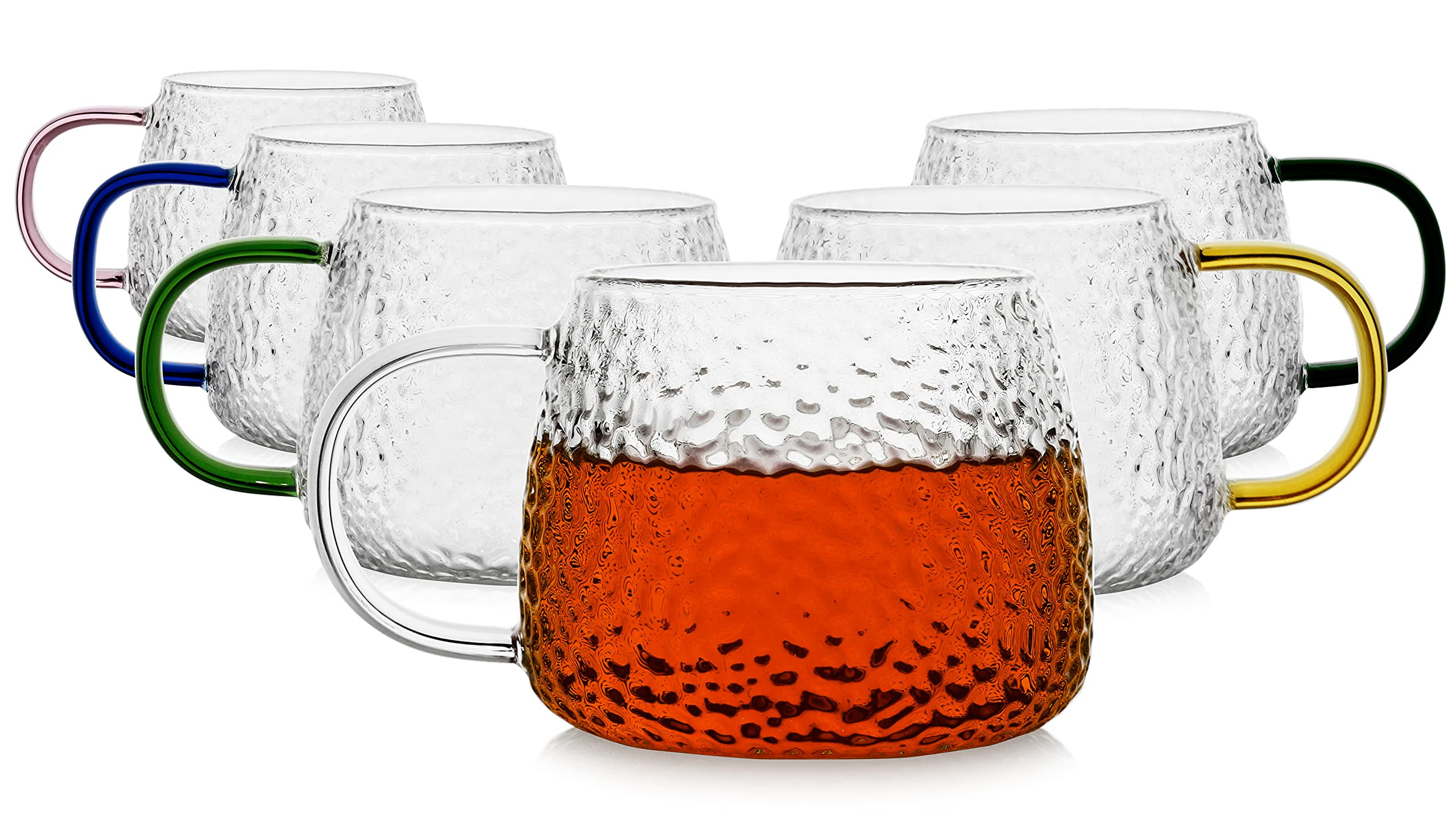 LUXU Hammered Tea Cups,Glass Coffee Mugs,Set of 6 Coffee Cups with Different Color Handles-15 oz,... | Amazon (US)