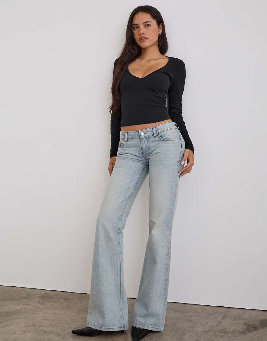 Motel extra low rise flare jeans in breeze blue wash | ASOS (Global)
