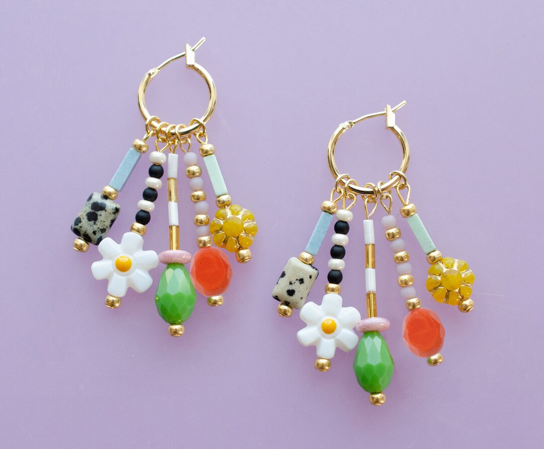 Colorful Dangle Earrings, Beaded Charm Earrings, Flower Hoop Earrings, Daisy Dangle , Dangle Hugg... | Etsy (US)