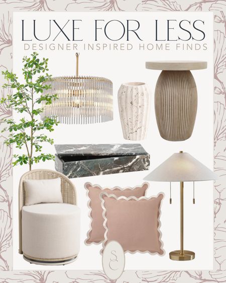 Designer inspired home decor including a Pottery Barn look for less chandelier and black olive tree, fluted end table, marble decor, scalloped pillows, outdoor swivel chair, and empire shade table lamp.

#LTKsalealert #LTKfindsunder50 #LTKhome