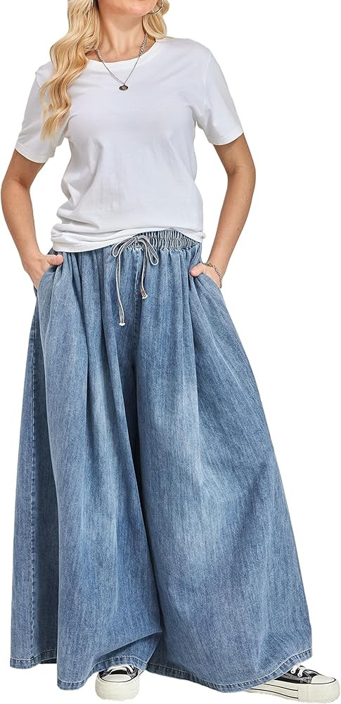 Extra Wide Leg Denim Pants for Women Long Jeans Elastic Waist with Pockets Plus Size Loose Casual | Amazon (US)