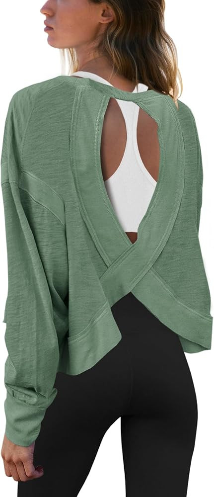 Panadila Womens Open Back Workout Top Long Sleeve Athletic Shirts Casual Crop Running Tee Y2k Yog... | Amazon (US)