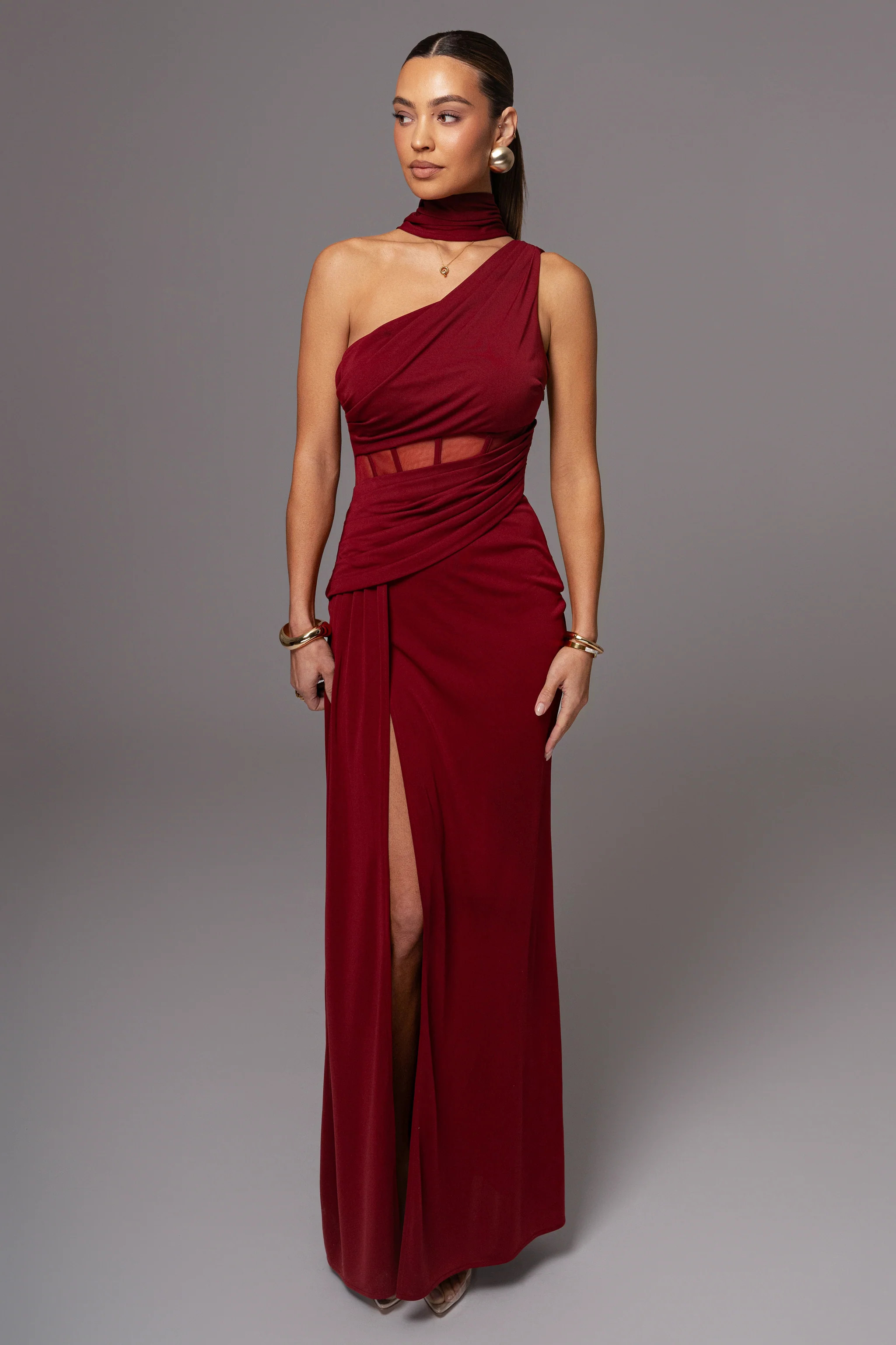 Burgundy Naida Drape Maxi Dress | JLUXLABEL