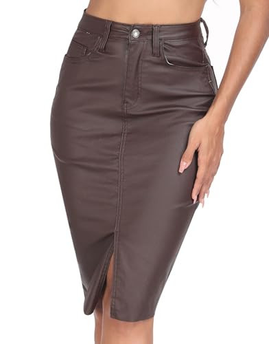 Brown Faux Leather Pencil Skirt Knee Length Skirt Midi Bodycon Skirt for Women(077-Brown,5) | Amazon (US)