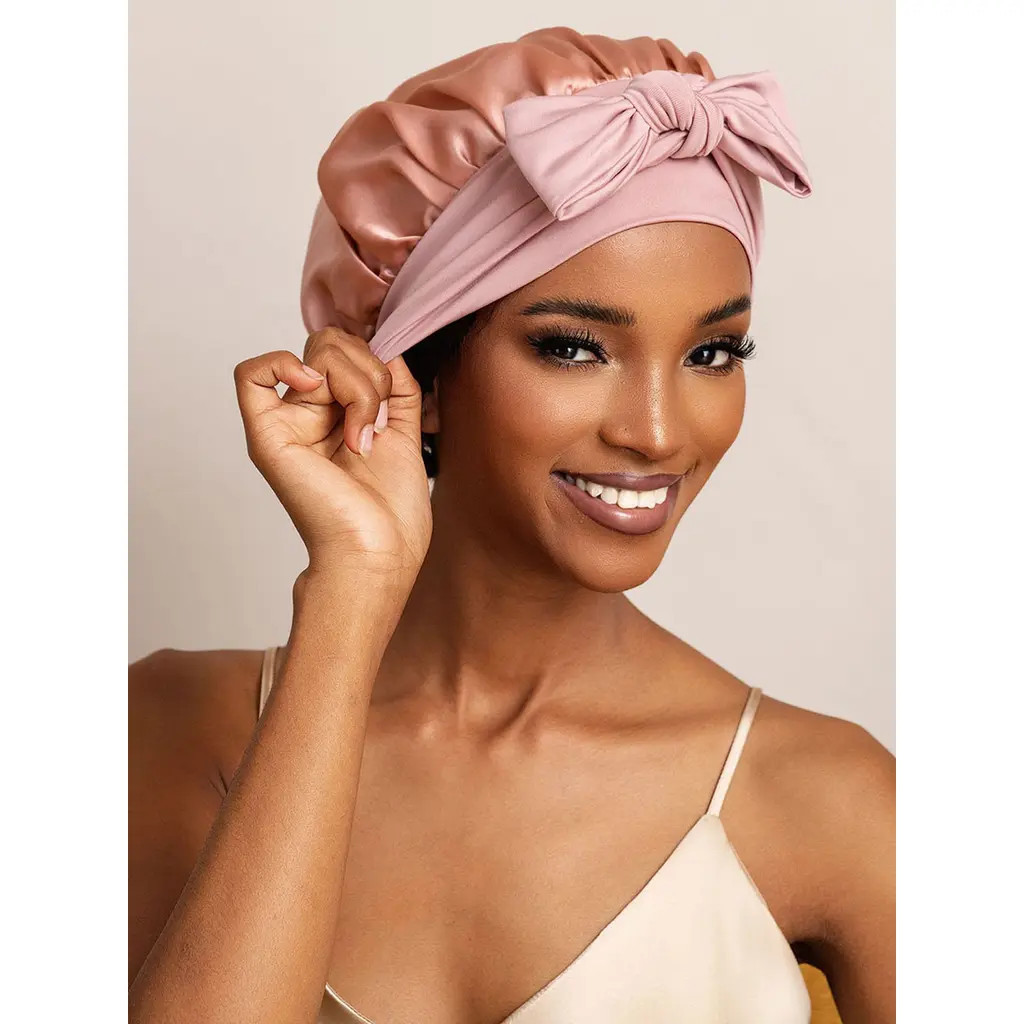 SILKSILKY Pure Silk Bowknot Tie Bonnet in Pink at Nordstrom | Nordstrom