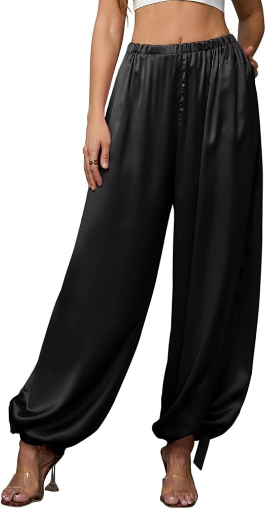 Perfashion Pantalones de satén para mujer, con globo, de seda, para vestir, holgados, holgados, ... | Amazon (US)