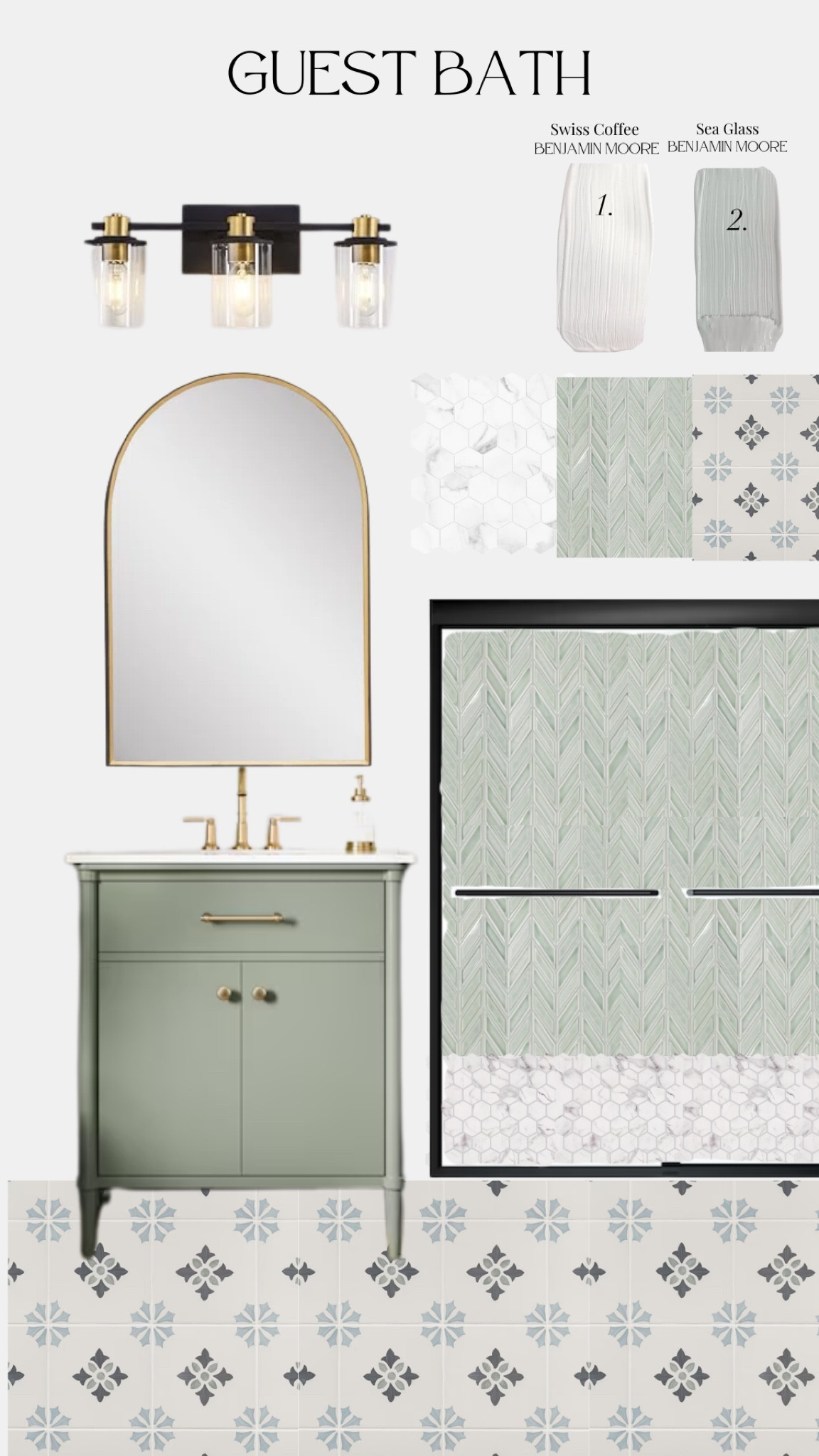 Bathroom Mood Board || green bathroom || kids bathroom || guest bathroom || bathroom tile || green vanity || shower tile

#LTKFindsUnder100 #LTKHome