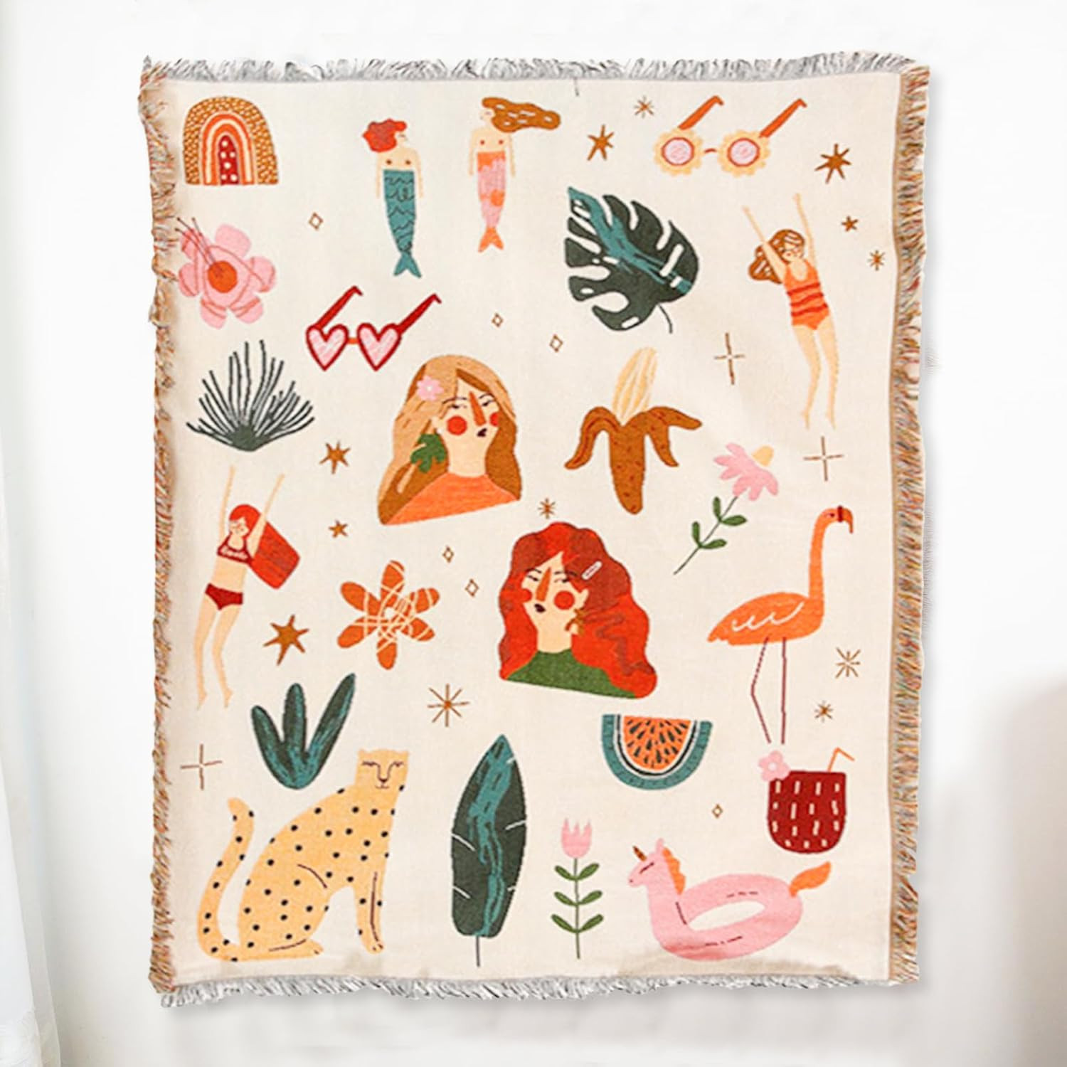 Double-Sided Cotton Woven Throw Blanket with Tassel Jungle Bohemian Style Tapestry Shawl Multi-Fu... | Amazon (US)