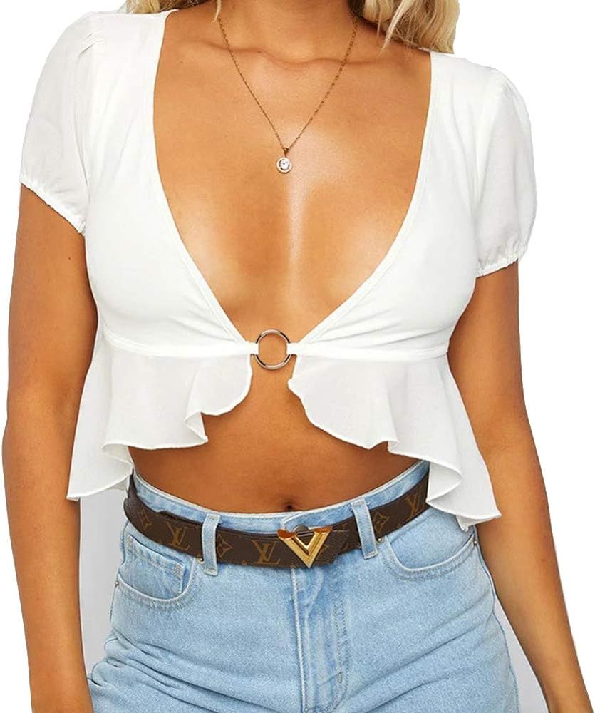 Women's Sexy Crop Tops for Women Plunging Neckline Crop Top with Silver Ring Centrepiece Casual B... | Amazon (US)