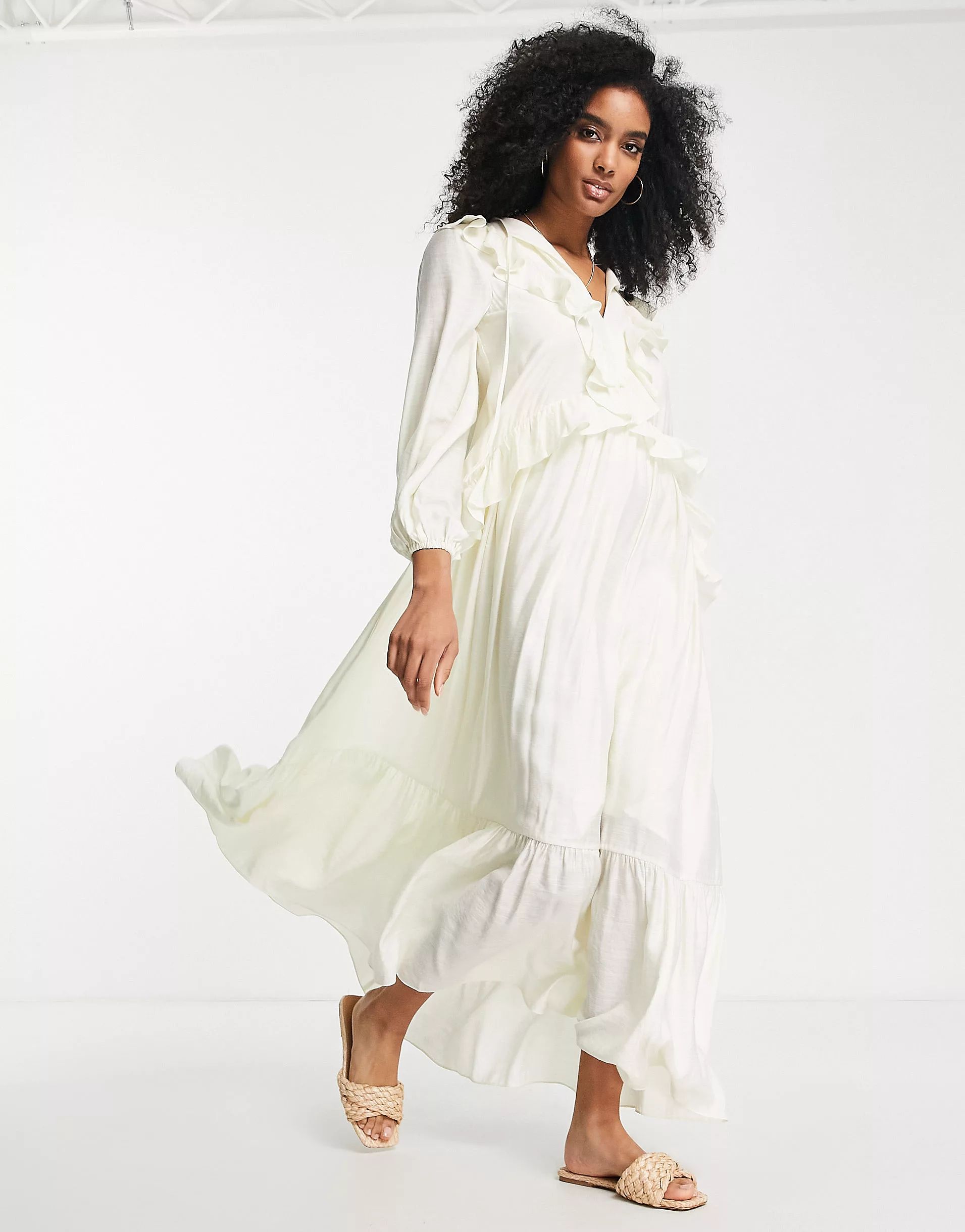 ASOS EDITION maxi dress with v neck and ruffles in cream | ASOS (Global)