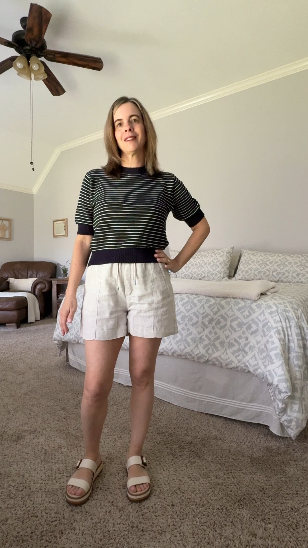 Stepping into Spring with these classic linen shorts and navy striped lightweight sweater top. 🤍 Love these classic and versatile styles!! 

#LTKOver40 #LTKPetite #LTKSaleAlert