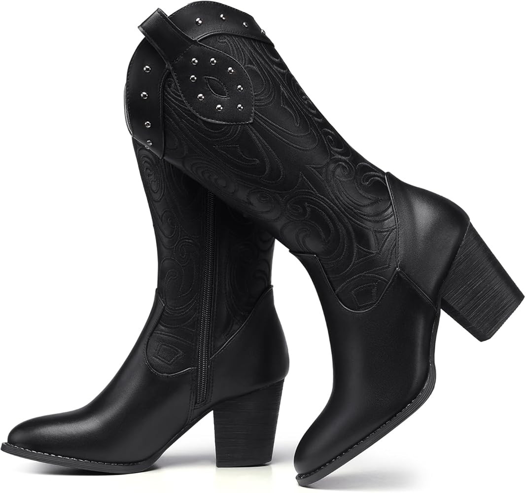 SHIBEVER Cowboy Cowgirl Boots for Women: Wide Calf Western Pointed Toe Chunky Heel Suede Embroide... | Amazon (US)